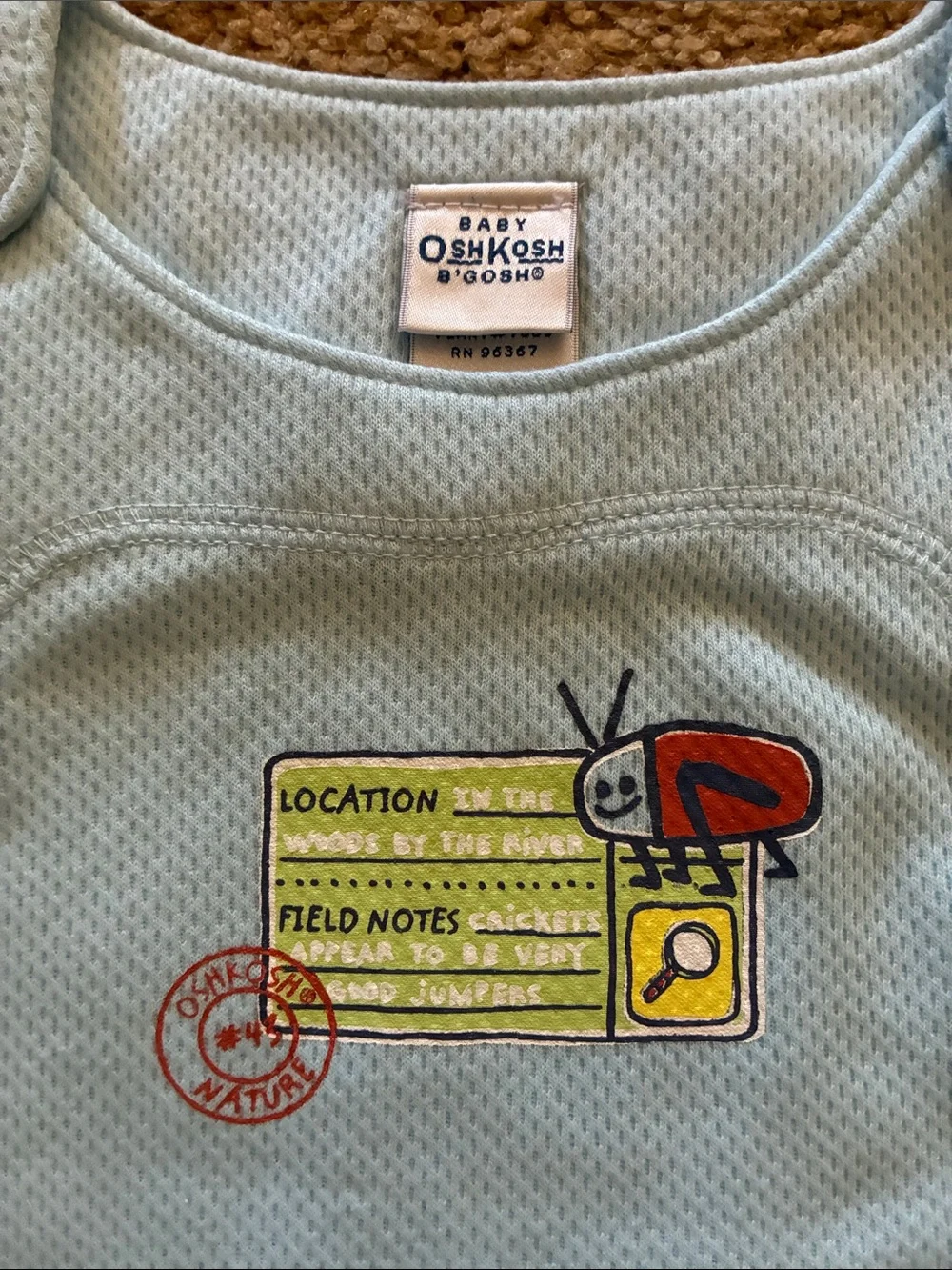 Vintage Deadstock OshKosh B'gosh Light Blue Baby Romper with Travel Patch